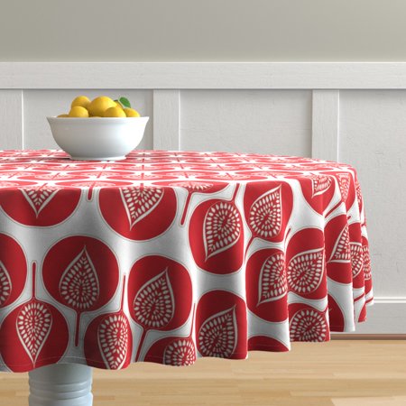 Round Tablecloth Tree Hearts Modern Trees Leaves Red White Nature Cotton Sateen