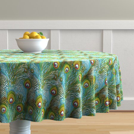 Round Tablecloth Peacock Feathers Teal Bird Peafowl Gold Sky Cotton Sateen