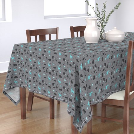 Tablecloth Woodland Animals Deer Bear Aqua And Grey Moose Fox Cotton Sateen