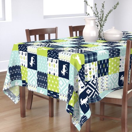 Tablecloth Bear Creek Deer Buck Head Lime Green Navy Grey Woodland Cotton Sateen