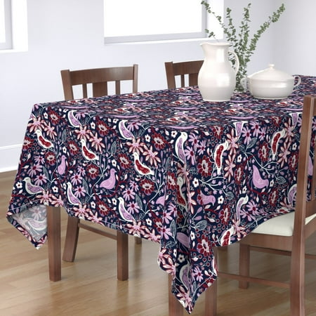 Tablecloth Birds Orchid And Navy Bird Floral Decorative Cotton Sateen