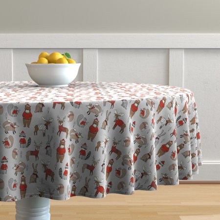 Round Tablecloth Christmas Forest Woodland Sweater Animals Winter Cotton Sateen