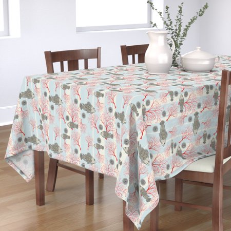 Tablecloth Beach Nautical Coral Sky Blue Cream Red Stripes Cotton Sateen