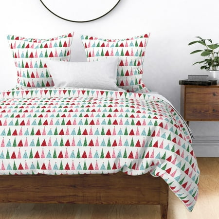 Christmas Winter Holiday Tree Red Pink Green Blue Sateen Duvet Cover by Roostery