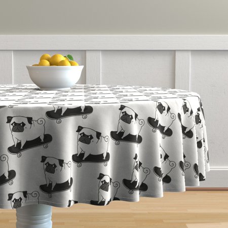 Round Tablecloth Pugs Skater Dog Funny Kawaii Animal Pet Doggy Cotton Sateen