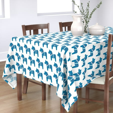 Tablecloth Blue Dalas Mod Scandi Animals Whimsical Horse Horses Cotton Sateen