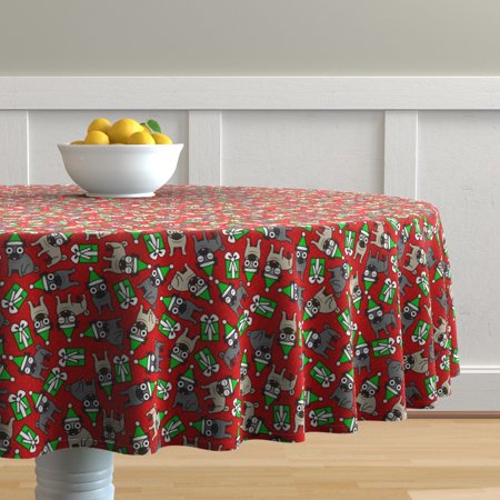 Round Tablecloth Pug Dog Puppy Christmas Pet Holiday Animal Cotton Sateen