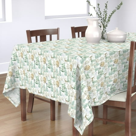 Tablecloth Green Woodland Winter Holidays Christmas Animals Bear Cotton Sateen