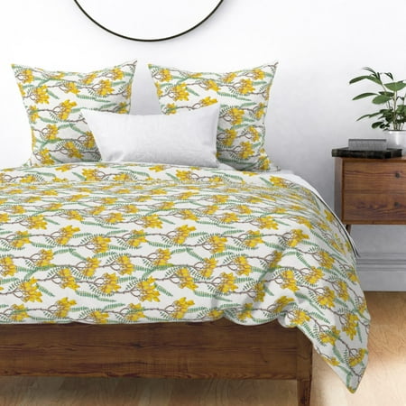 Plants Leaves Greenery Tree Flower Yellow Sateen Duvet Cover by Roostery