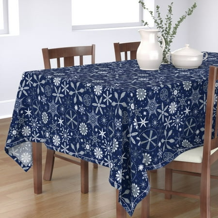 Tablecloth Snowflakes Winter Mod Mid Century Style Blues Snowflake Cotton Sateen