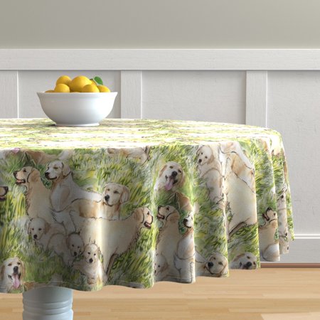 Round Tablecloth Golden Retriever Dog Dogs Grass Pets Puppy Canine Cotton Sateen