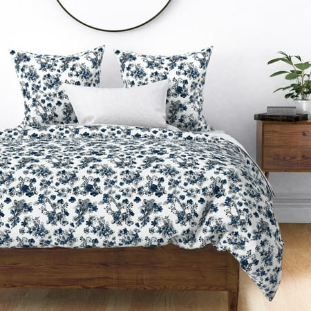 Parakeet Bird Floral Blue White Birds Geometric Sateen Duvet Cover by Roostery