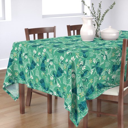 Tablecloth Peacock Chinoiserie Vintage Decor Birds Green Birdcage Cotton Sateen