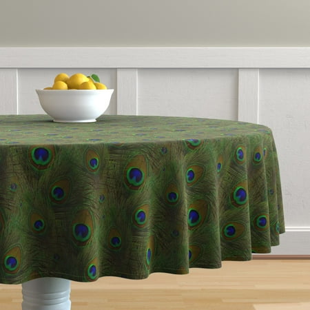 Round Tablecloth Peacock Peacock Feathers Feathers Green Bird Cotton Sateen