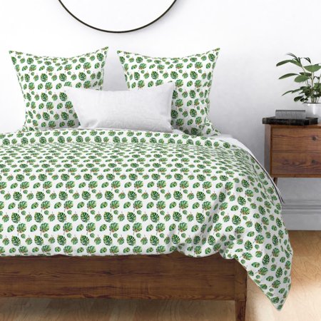 Palm Leaves Tropical Summer Plant Khaus Green Sateen Duvet Cover by Roostery