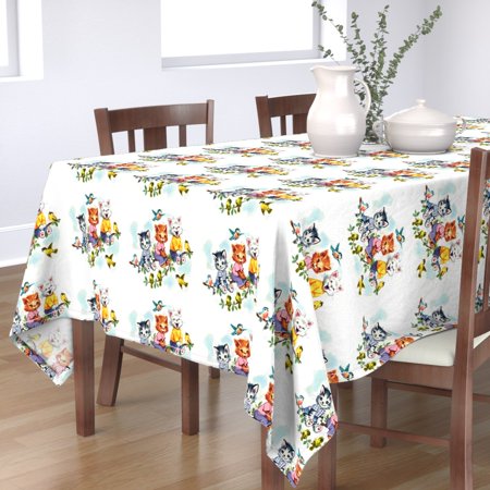 Tablecloth Cat Vintage Retro Cats Kittens Birds Clouds Children Cotton Sateen