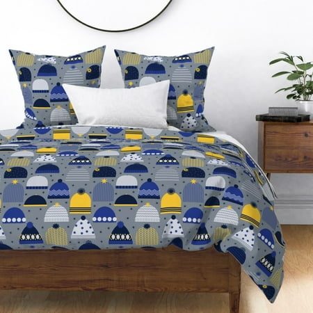 Winter Beanies Mod Hats Snow Yellow Blue Holiday Sateen Duvet Cover by Roostery