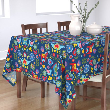 Tablecloth Scandi Mod Birdhouse Folk Art Floral Bird Flowers Cotton Sateen