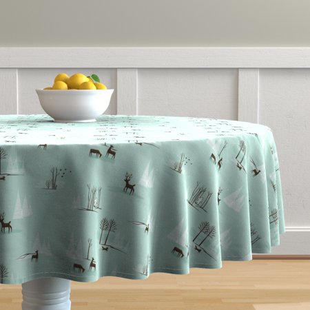 Round Tablecloth Deer Winter Fox Tree Pine Tree Christmas Mid Cotton Sateen