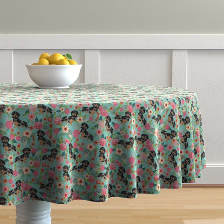 Round Tablecloth Doxie Dog Dachshund Weiner Floral Flower Puppy Cotton Sateen