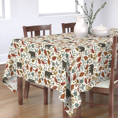 Tablecloth Autumn Animals Rustic Fall Woodland Bear Fox Bird Moth Cotton Sateen