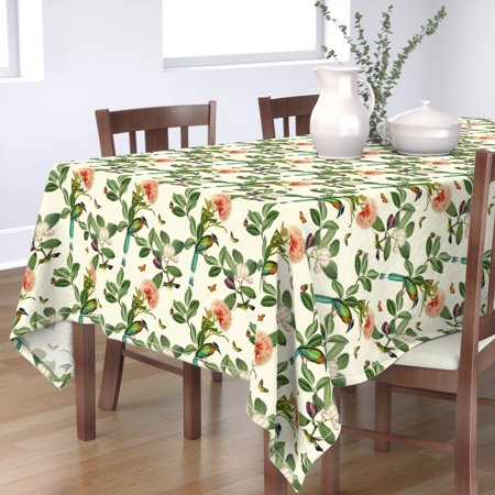 Tablecloth Exotic Flowers Birds Hummingbird Butterfly Green Cotton Sateen