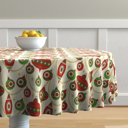 Round Tablecloth Retro Christmas Holiday Ornaments Balls Funky Cotton Sateen