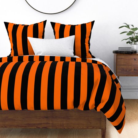 Stripes Lines Orange Black Halloween Awning Sateen Duvet Cover by Roostery