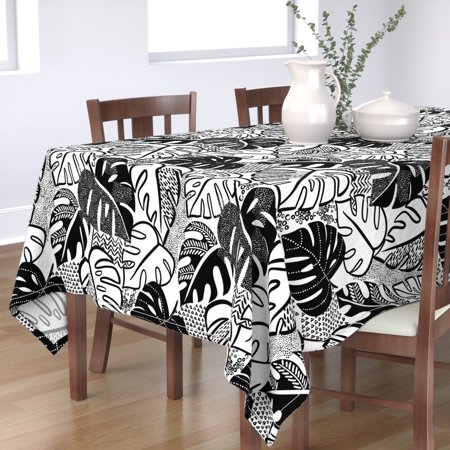 Tablecloth Tropical Tree Leaves Palm Monstera Black And White Cotton Sateen