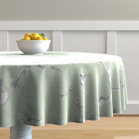 Round Tablecloth Chinoiserie Bird Flower Tree Butterfly Asian Cotton Sateen