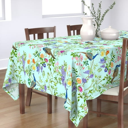 Tablecloth Teal Chinoiserie Spring Floral Bamboo Cotton Sateen