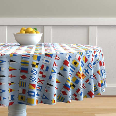 Round Tablecloth Nautical Flag Signal Flags Sailing Beach Blue Cotton Sateen