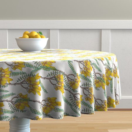 Round Tablecloth Plants Leaves Greenery Tree Flower Yellow Cotton Sateen