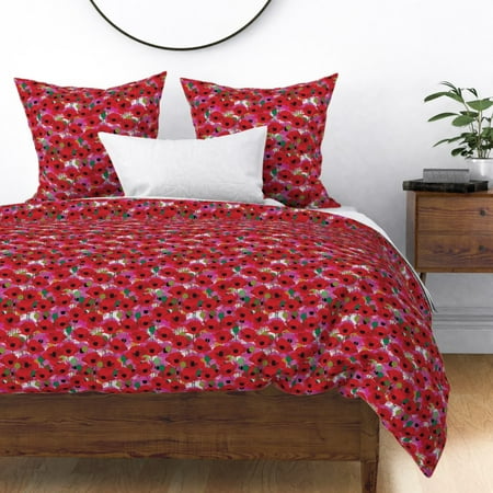 Poppies Floral Spring Garden Flowers Foliage Red Sateen Duvet Cover by Roostery