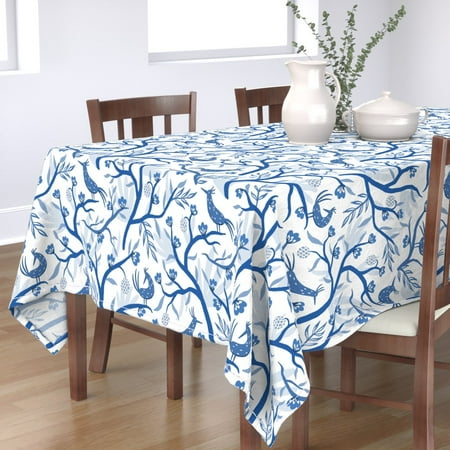 Tablecloth Bird Chinoiserie Animal Blue And White Nature Tree Cotton Sateen