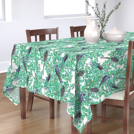 Tablecloth Vintage Birds And Berries Botanical Bird Trees Blue Cotton Sateen