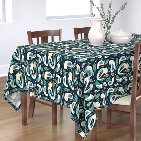 Tablecloth Navy Blue Bird Illustration Birds Feathers Retro Cotton Sateen