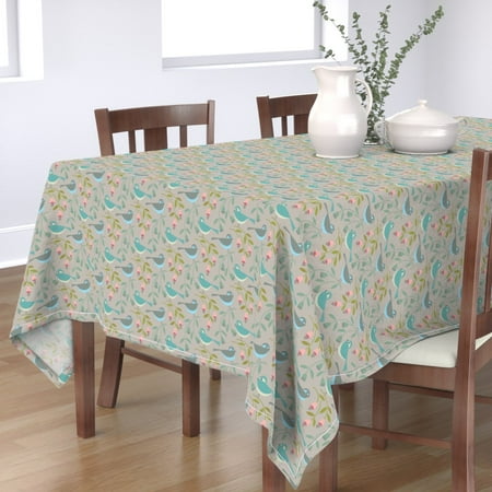 Tablecloth Birds And Blooms Challenge Bird Bell Flower Blue Birds Cotton Sateen