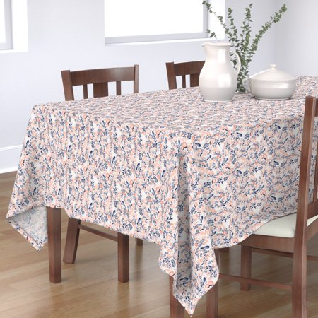 Tablecloth Floral Bird Modern Birds Spring Flowers Navy Beige Cotton Sateen